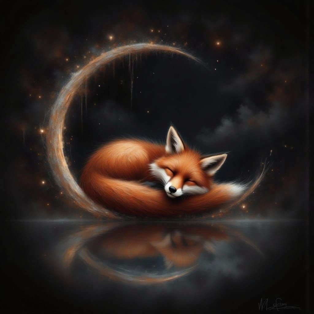 Fox Sleeps Peacefully on Crescent Moon in Dreamy Impasto Sty...