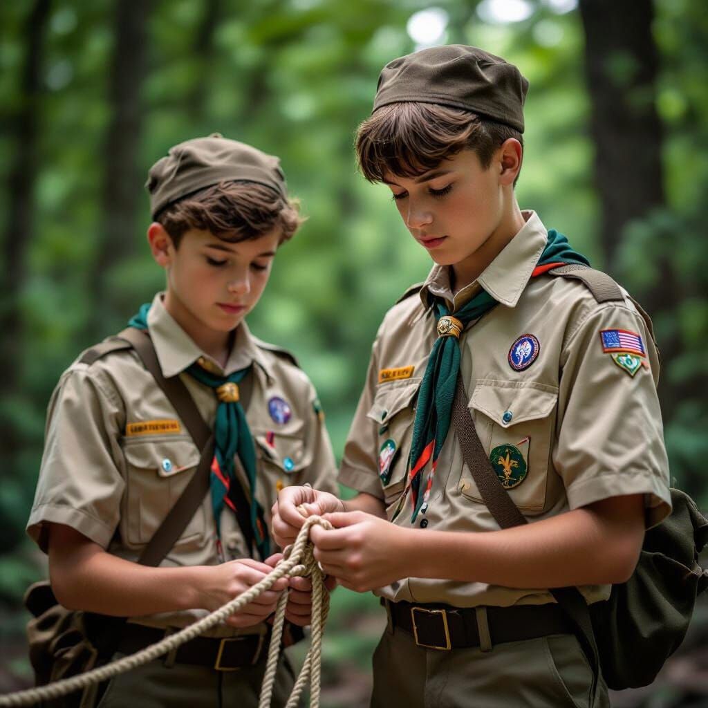 Boy Scouts try to make a knot with a rope