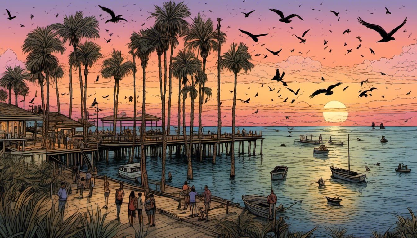 lora:Pyrography:1.0> shoreline with palm and pine trees at sunset with  boats and birds and silhouetted people on a fishing pier - AI Generated  Artwork - NightCafe Creator