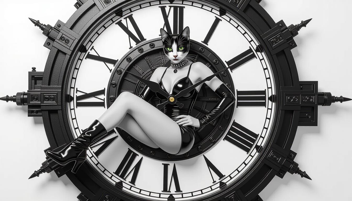 Retro Punk Cat Woman in Clock Machine Photo