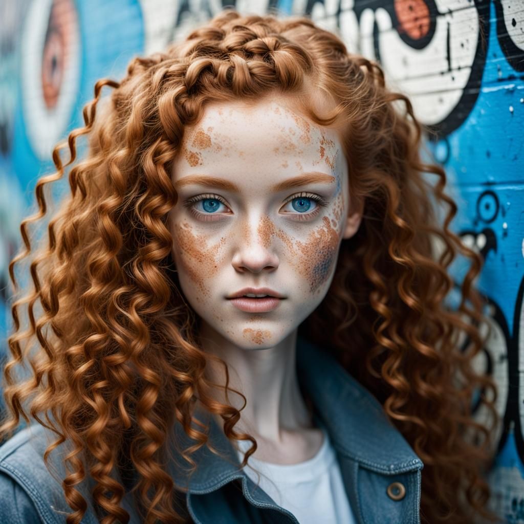 a close-up ginger young girl posing, with long curly hair, b...