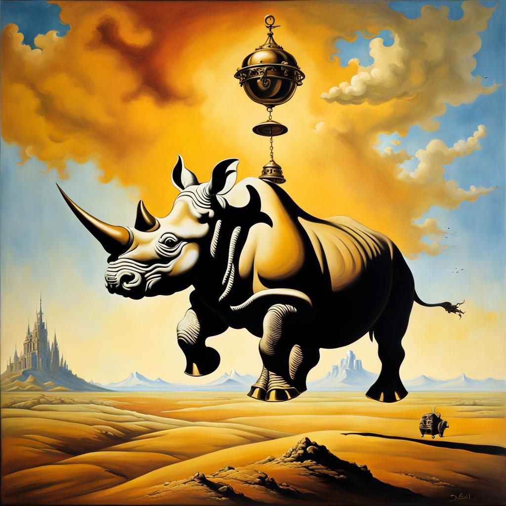 a flying rhino with bells in the sky