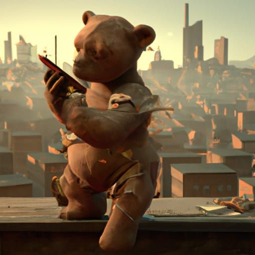 teddy bear holding a cellphone with city in the background