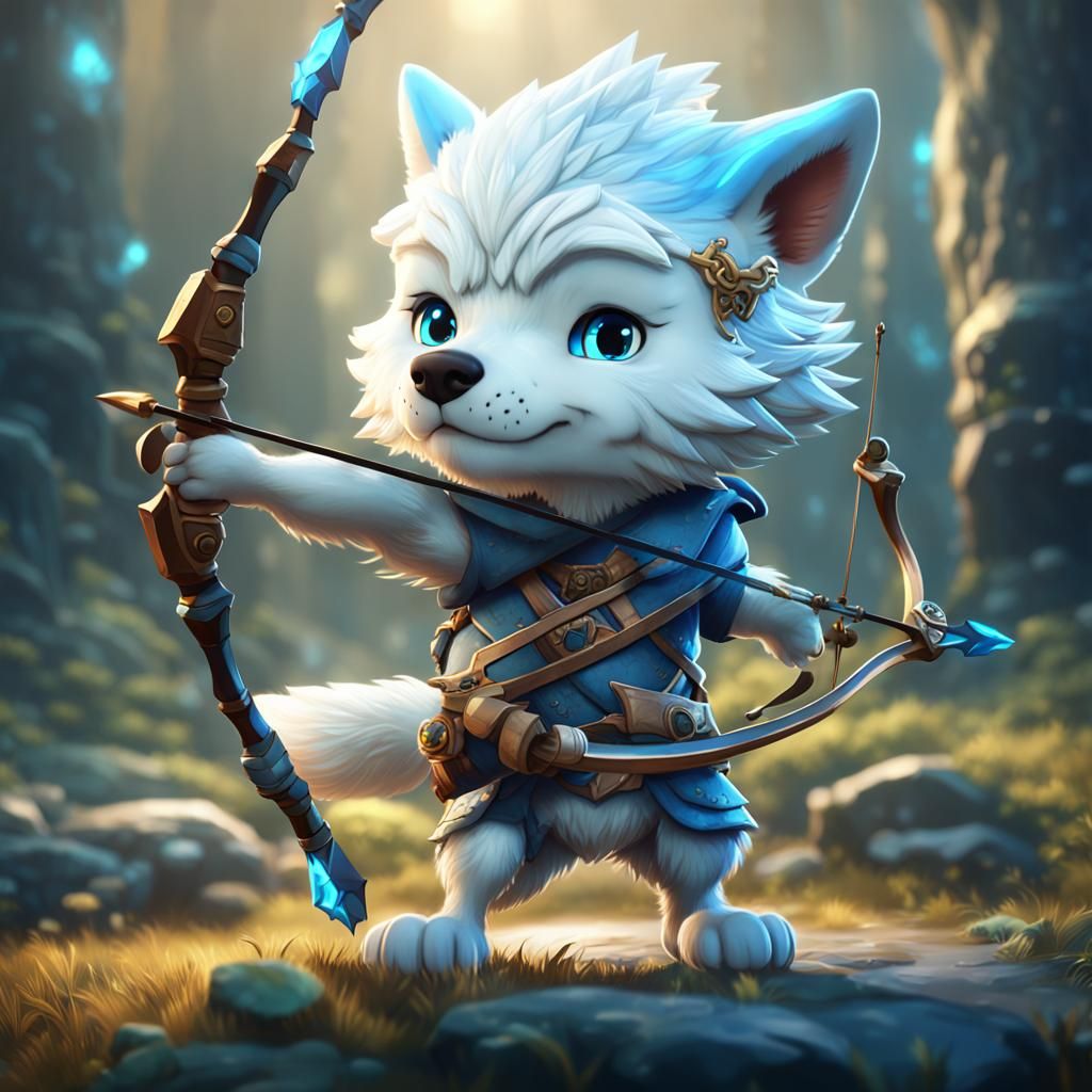 A blue chibi wolf carrying an archery bow