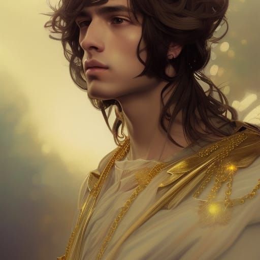 Royal regal Angelic males model long hair gold accessories a...