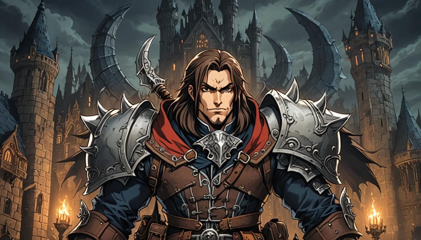 A fantasy hunter in cartoon castlevania style in a dark forest with more grey and black clothing he has a beard