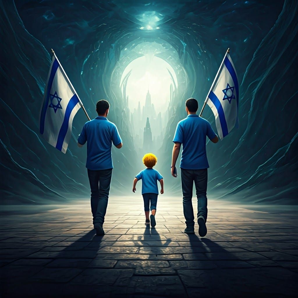 Proud Israelis Walking Towards a Bright Yellow-Haired Boy in...