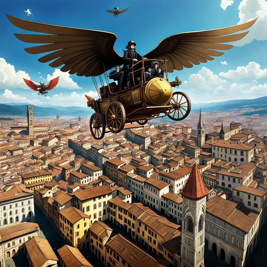 Leonard da Vinci flying over Florence in a homemade flying machine while people on the ground poimt in ...  by @caprandom