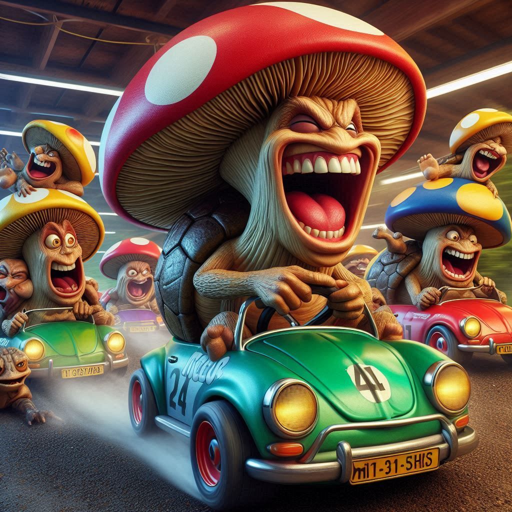 the crazy mushroom races in a car in the shape of a turtle and beats the other participants laughing madly