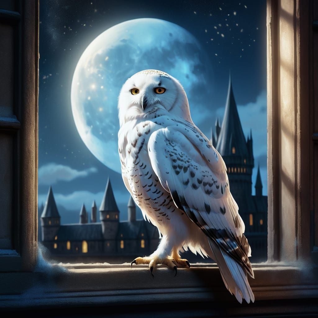 Hedwig, perched in a window at Hogwarts
