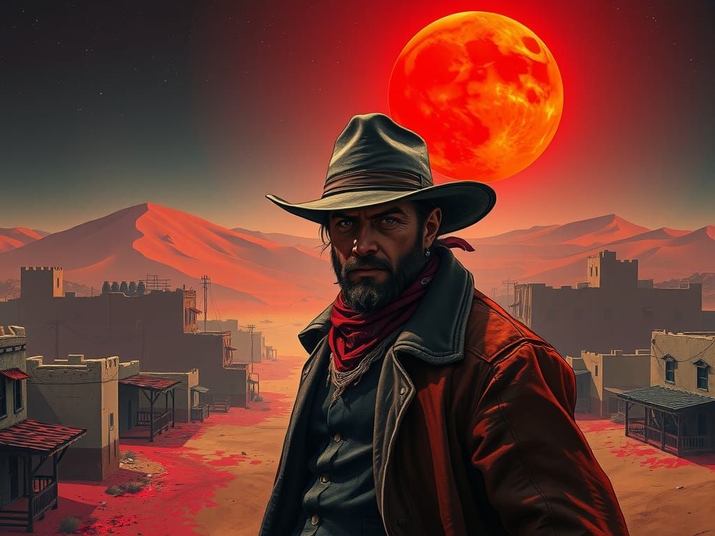 a western city of sand and dust, red moon, starry sky, blood...