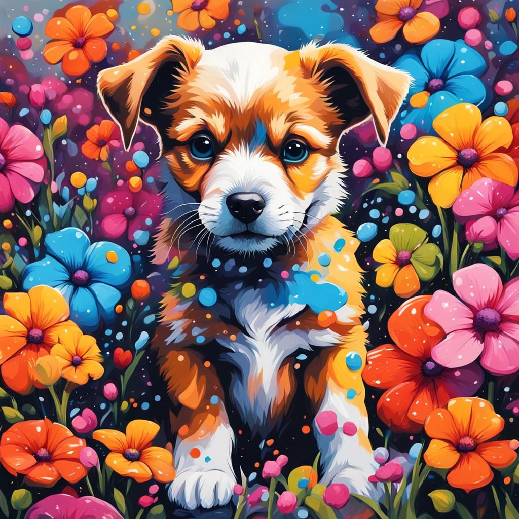 cute little puppy sitting in flowers