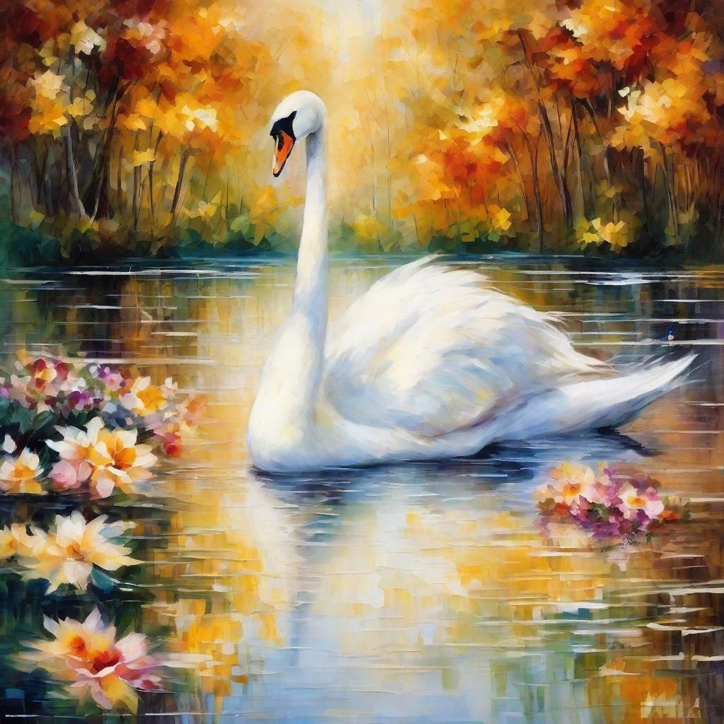 swan swimming in a beautiful lake with trees and flowers around , Watercolor, blending styles of leonid ...  by @Adil Bahar