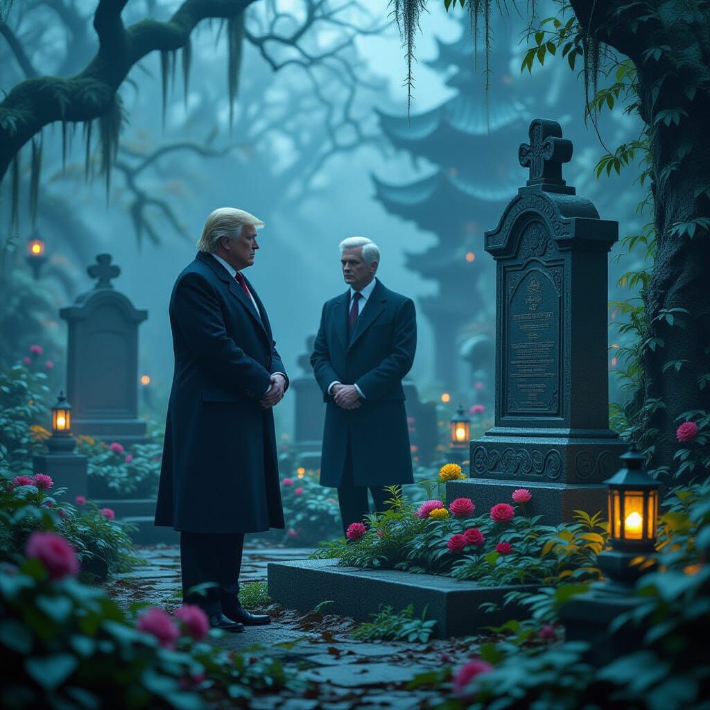 Trump is with Sec of Health, Robert F. Kennedy, JR., at a gravesite.