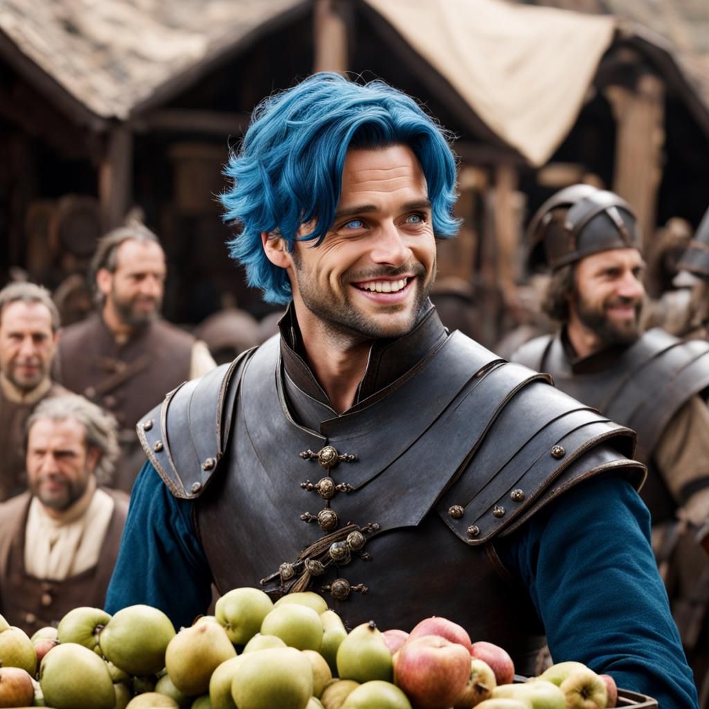 Sebastian Stan smiling with blue hair on a medival market.