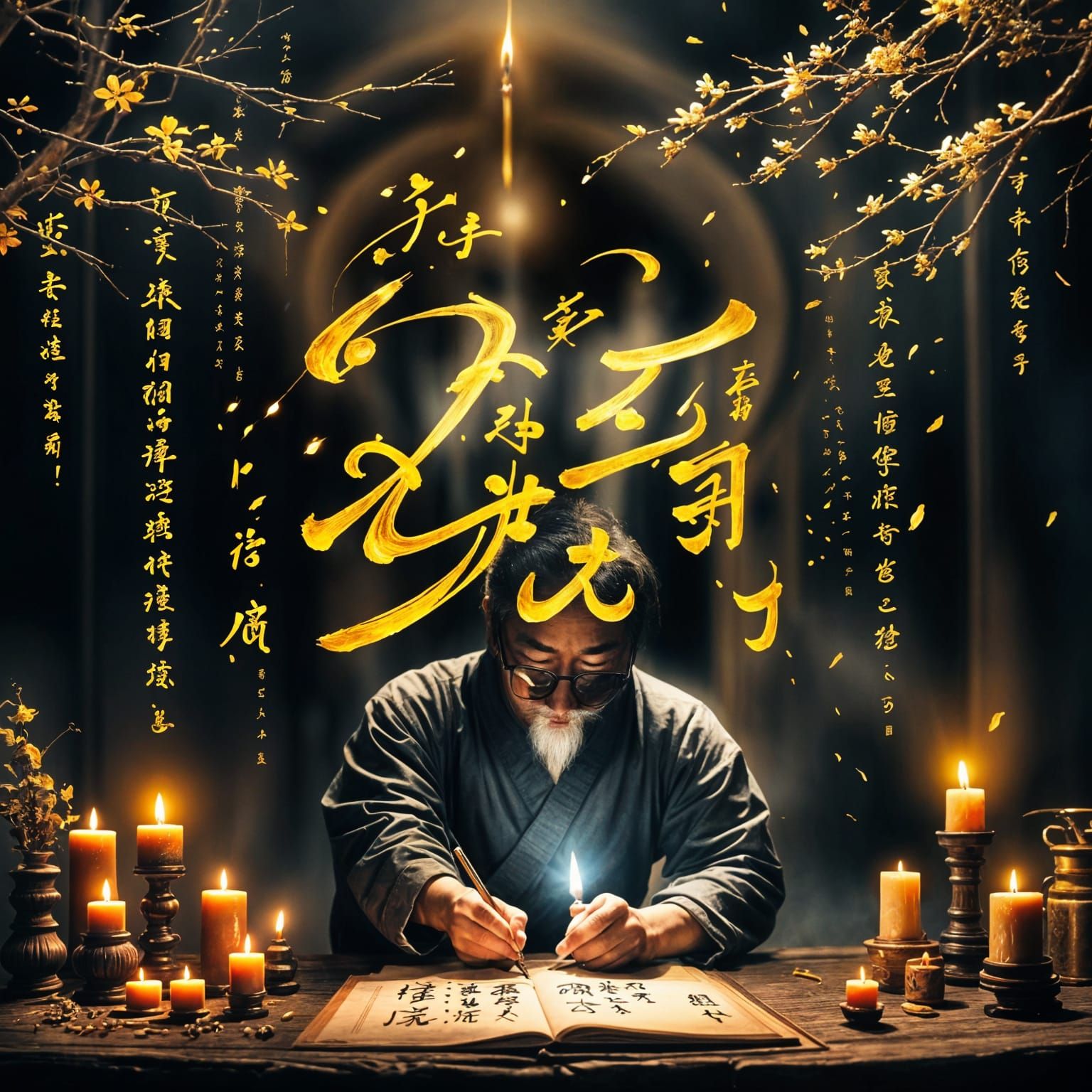In dark room with candles, a munk is writing in chinesse caligraphy, when suddenly, golden bright calligraphycs ...  by @Wesly 