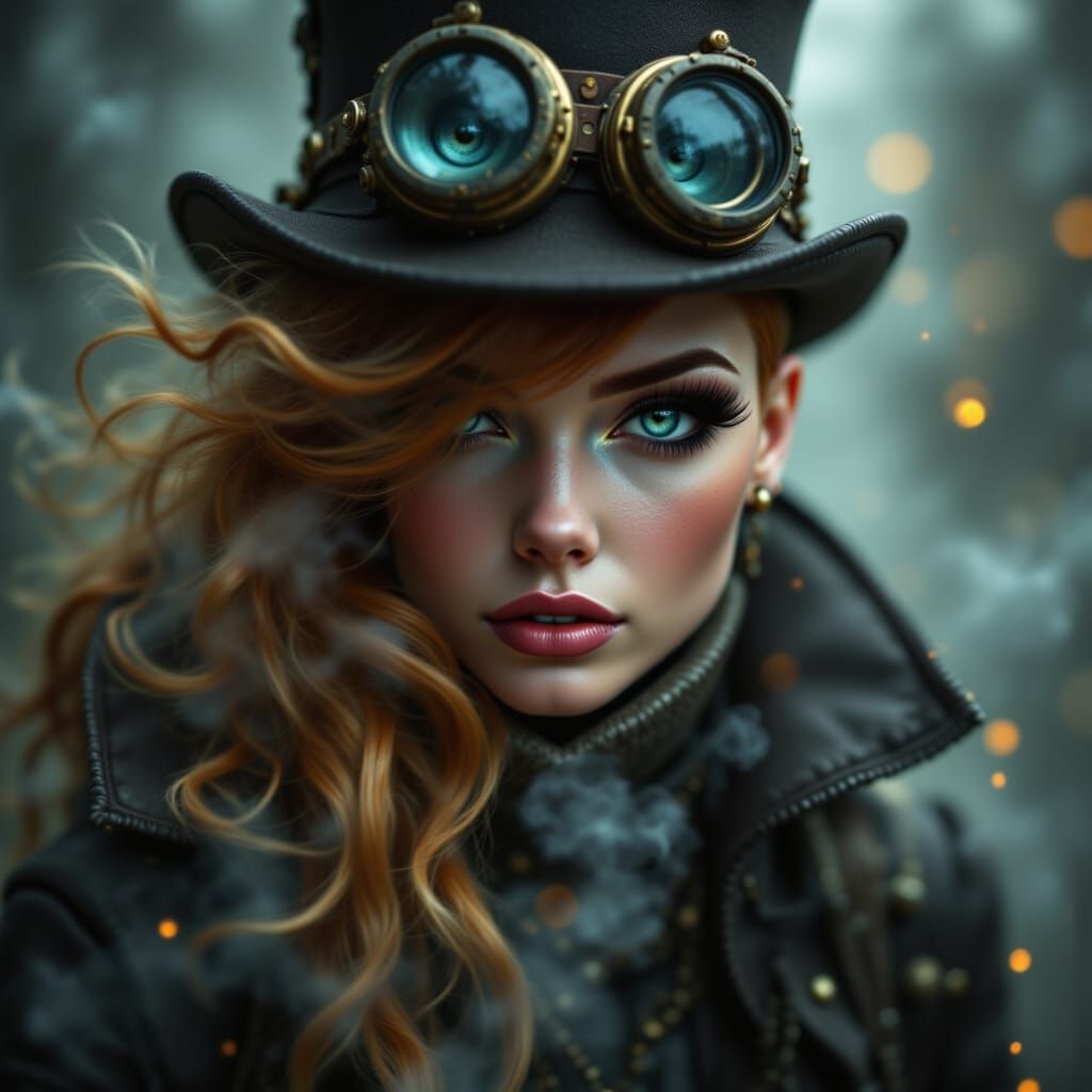 <lora:Steampunk Portrait:1.0> slightly out of focus logo with the gaussian blurred text, (Text: "Steampunk Portrait") spanning the width ma...