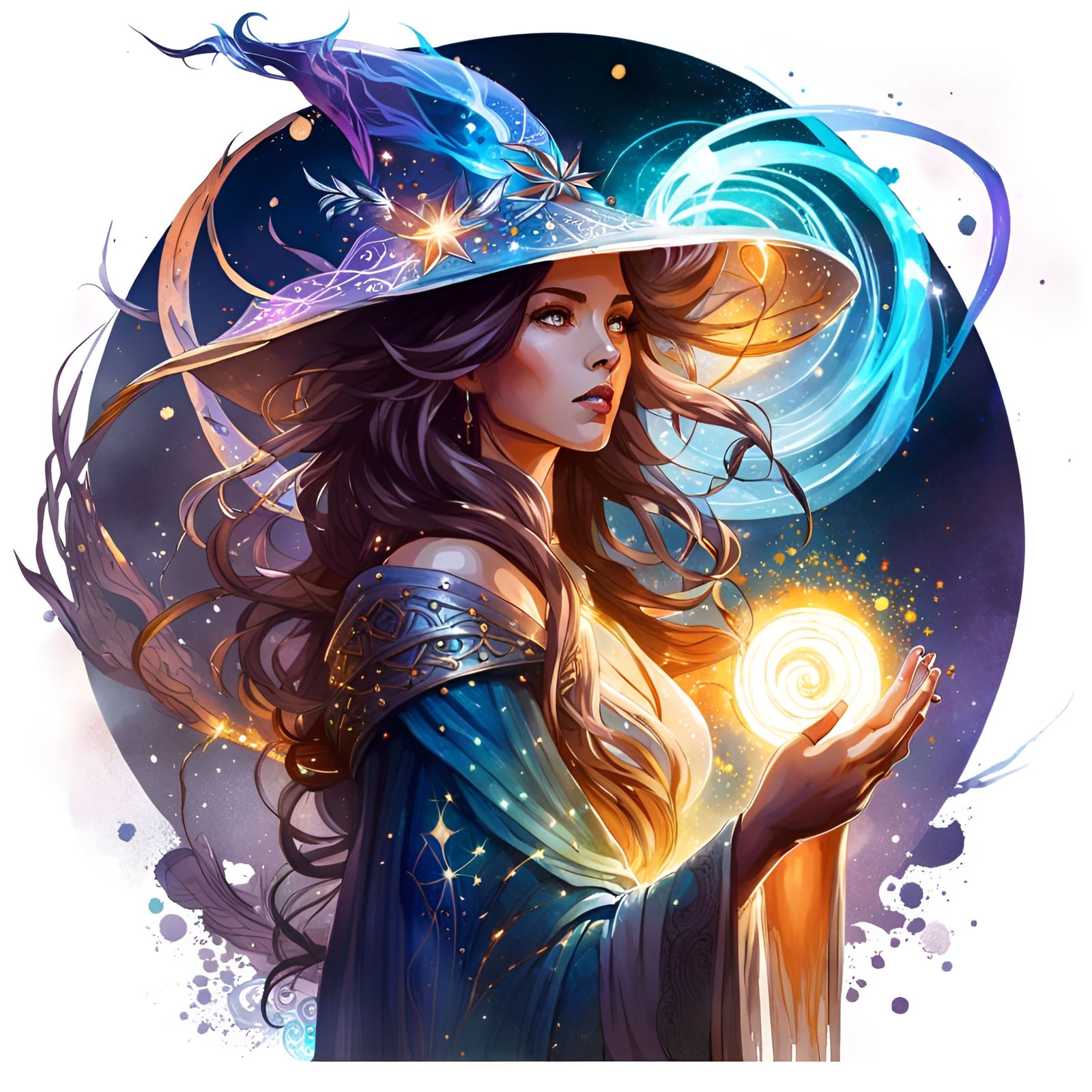 Beautiful wizard queen, spell casting, sorcery spiraling arc...
