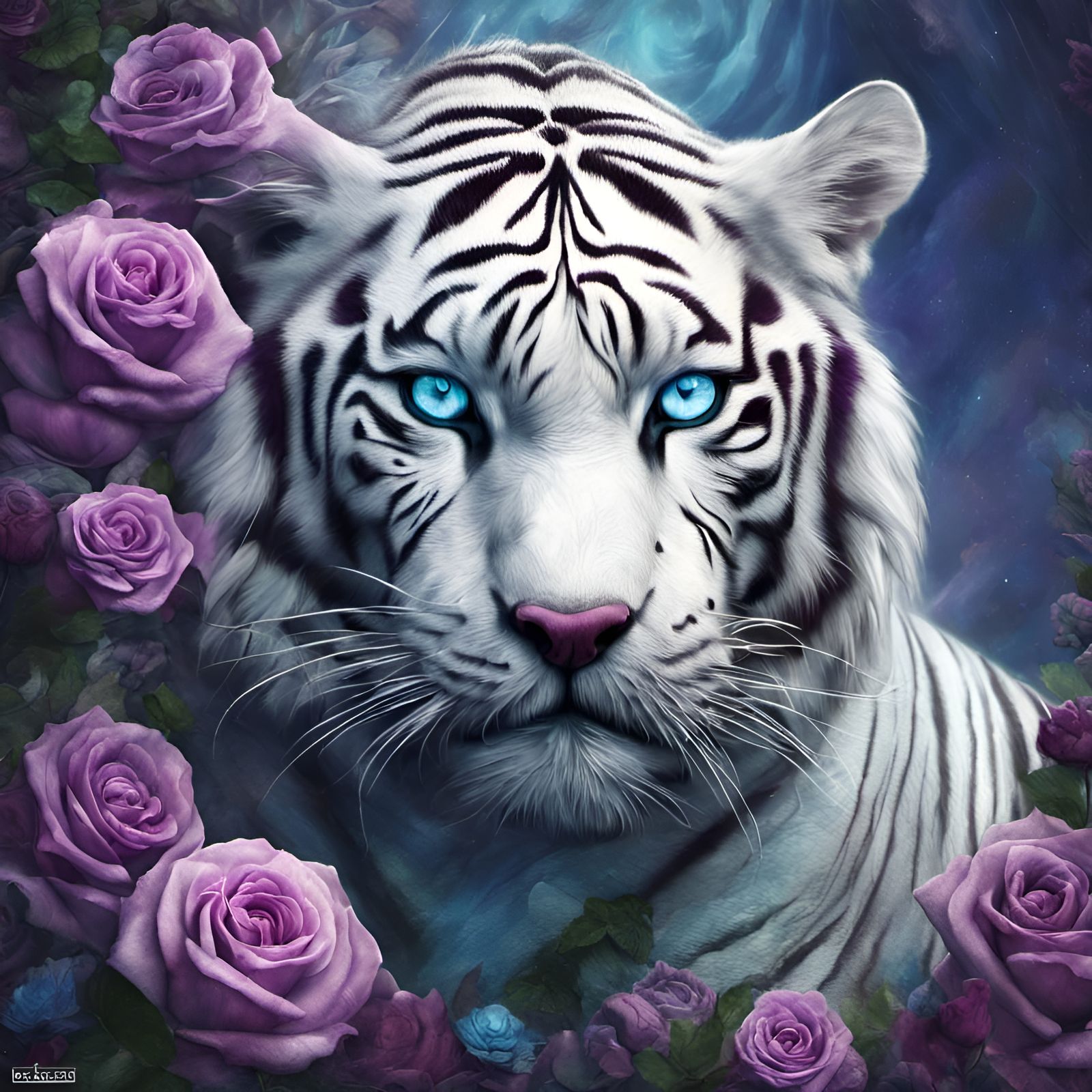 White tiger, roses, blue eyes, black, purple, green , tribal tattoo, 3D ...