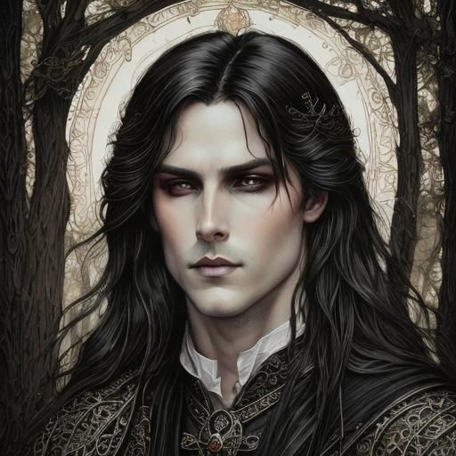 <lora:SketchArk v8:1.0> Dark long haired handsome Prince Charming. Victoria Frances, Seb McKinnon, Sulamith Wulfing 