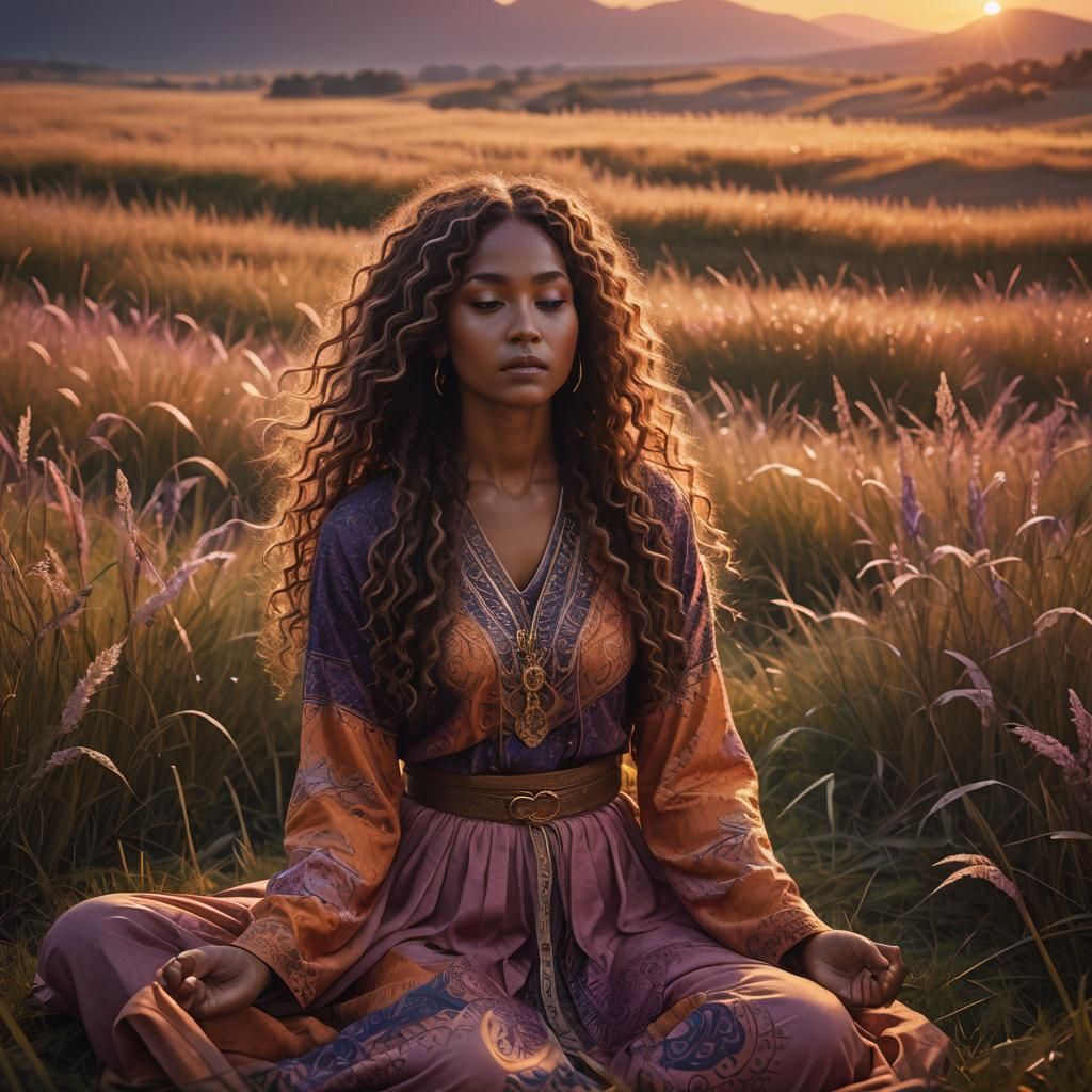 a brown woman ( with curly long hair) meditating in a field of grass at the sunset