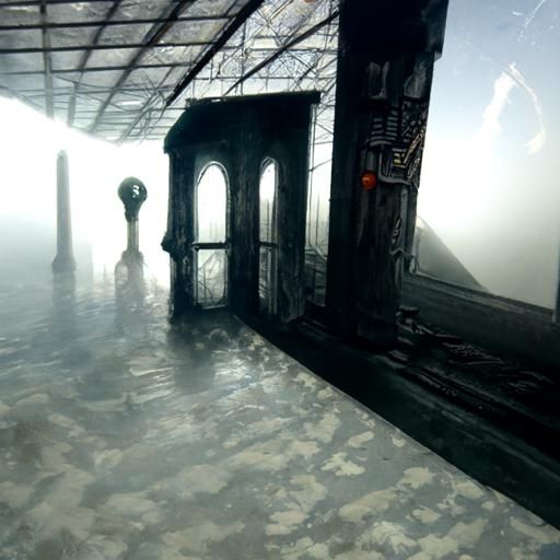 photo realistic, dark, enormous, dilapidated abandoned alien...
