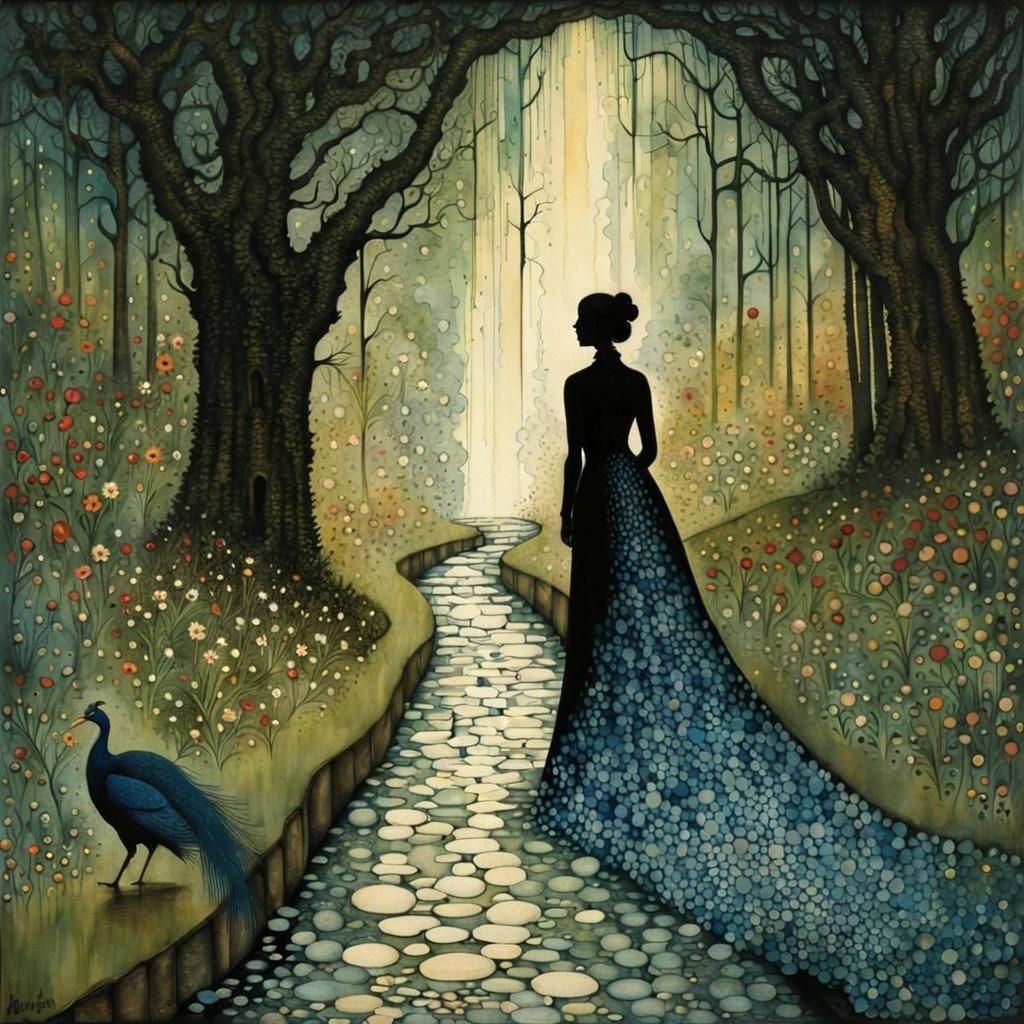 Woman Walking to Grotto Silhouette Illustration