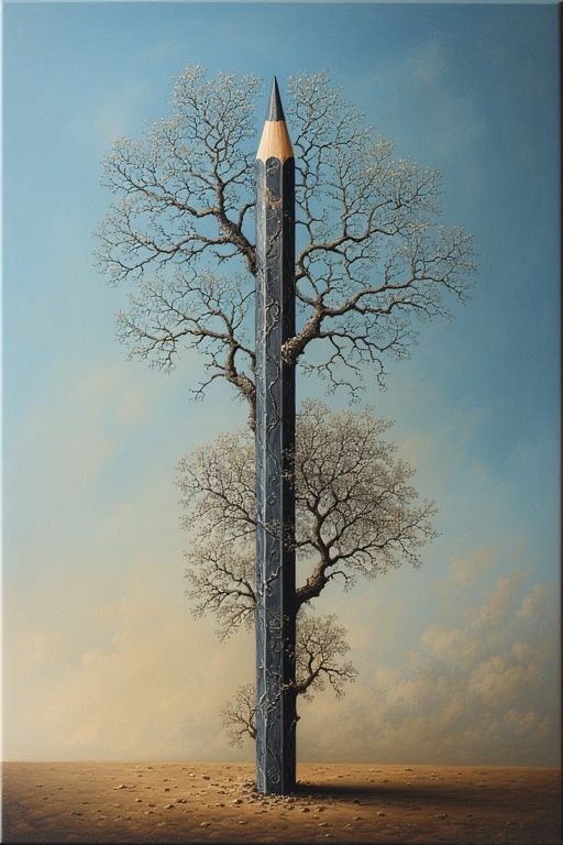 A surreal scene where a humble pencil,