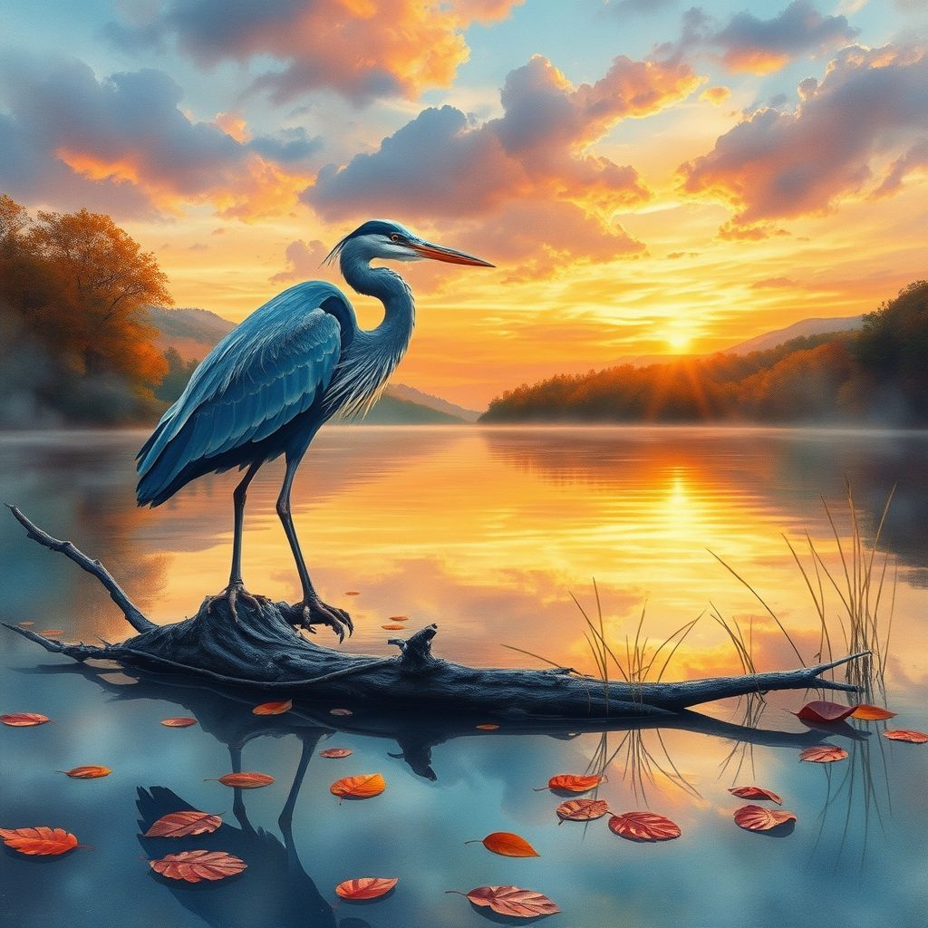 Azure Heron on Autumn Lake