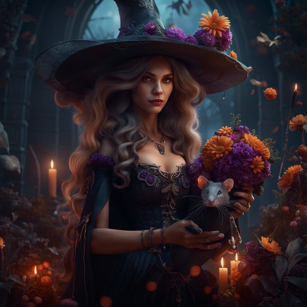 beautiful witch holding a mouse with flowers on her witch hat  by @lalaim