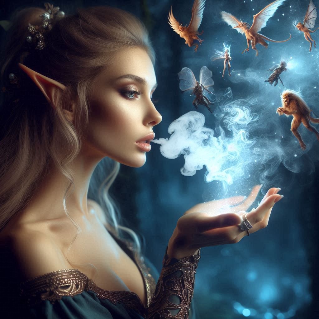 A beautiful elf breathing out smoke rings