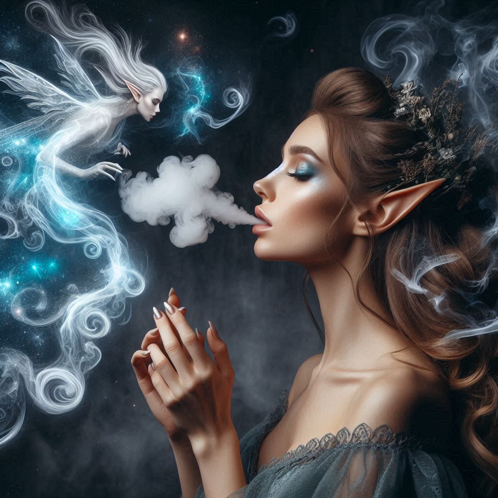 A beautiful elf breathing out smoke rings