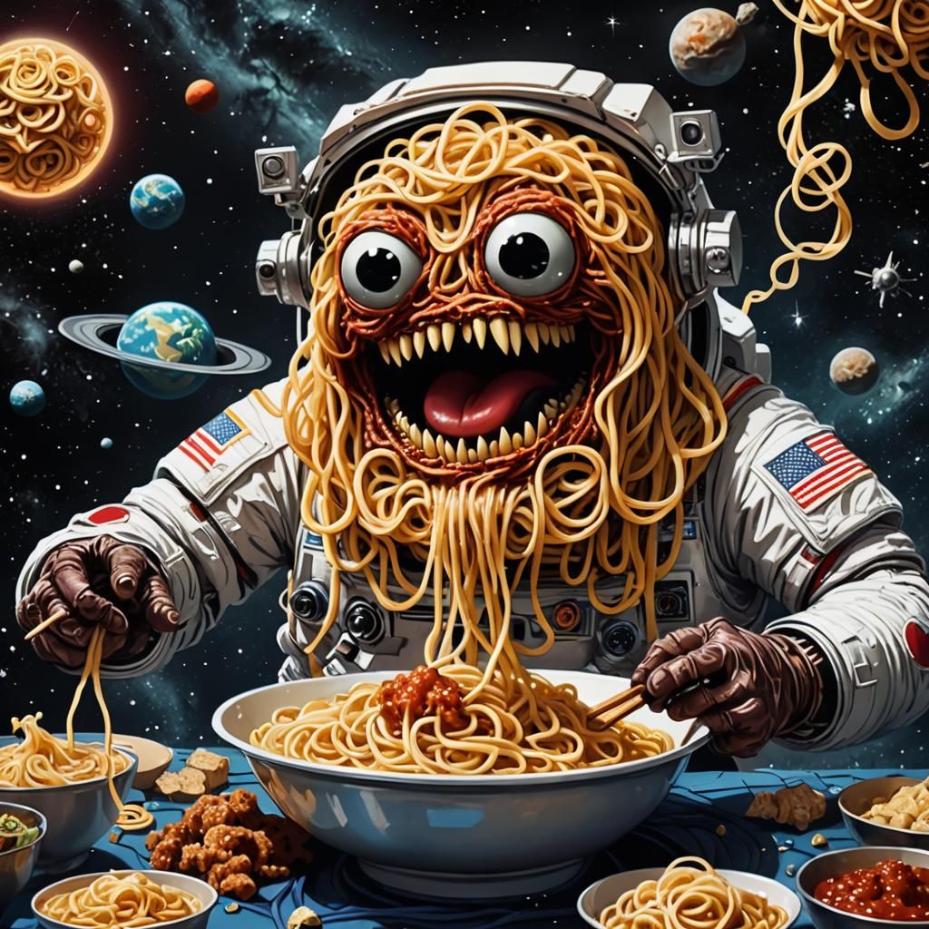 Spaghetti monster eating noodles in space AI Generated Artwork