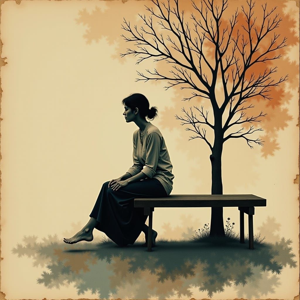 woman sitting on a bench, textured collage style <lora:textured collage:1.0> 