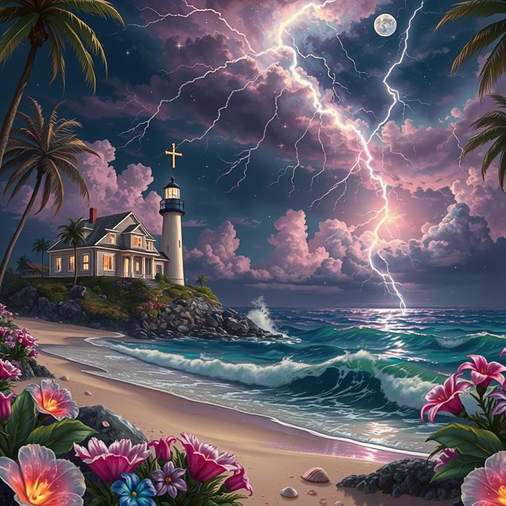 A tropical beach at dusk, lightning strikes the ocean, sending ripples through the waves.