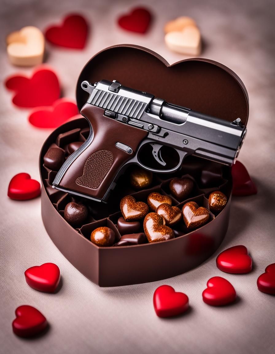 There is a pistol in a heart-shaped chocolate box