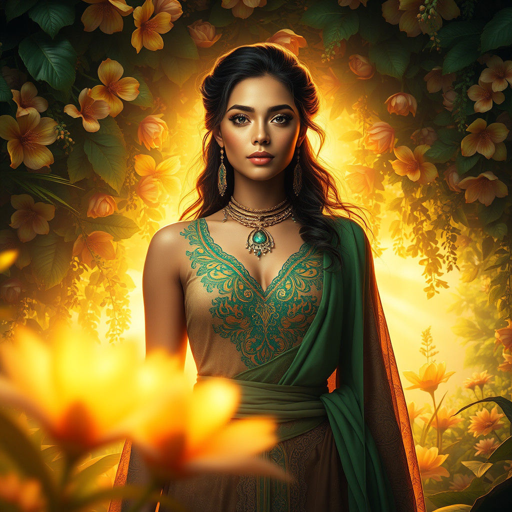 Radiant Woman in Lush Realm: Fantasy Concept Art