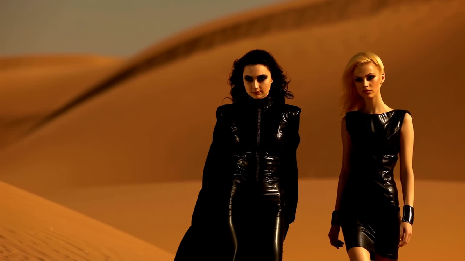 Vampiric daughters of Dune catwalk through the desert (dark haired Kate Beckinsale and blond Mila Jovovich) - highly pho...