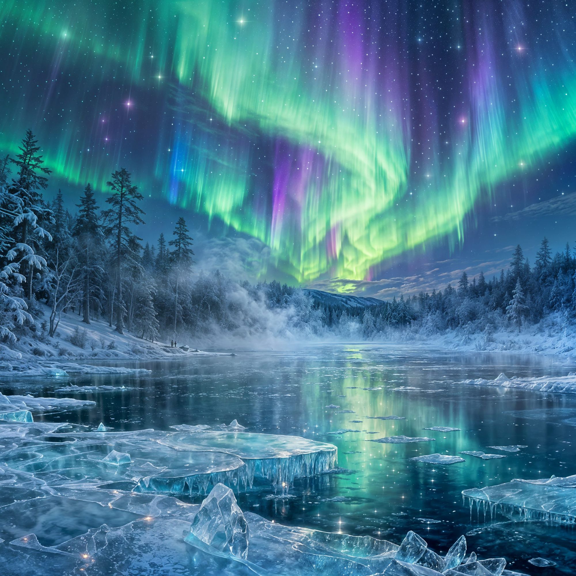 cascading northern lights over an ice filled lake