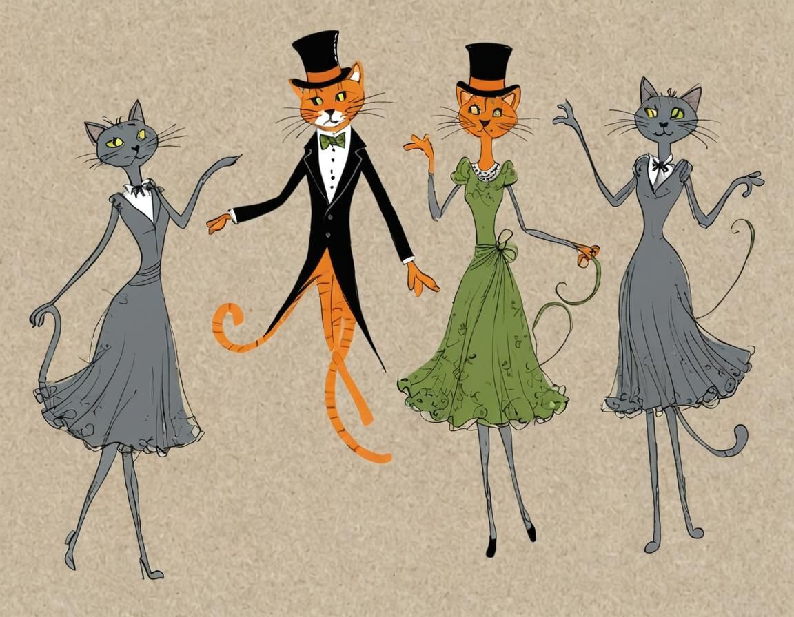Three whimsical graceful tall thin dancing cats. Cat 1 female (orange