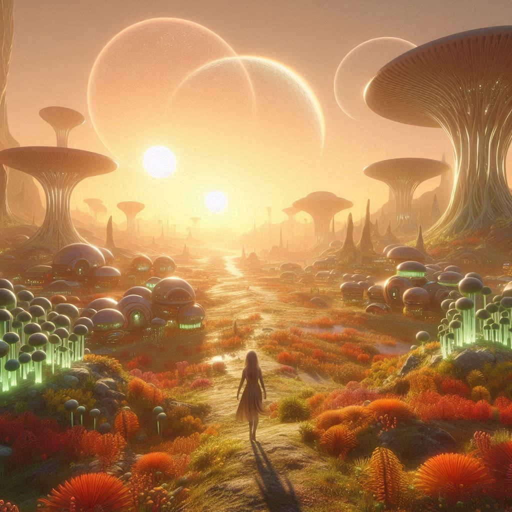 Alien girl at home on an exlplanet