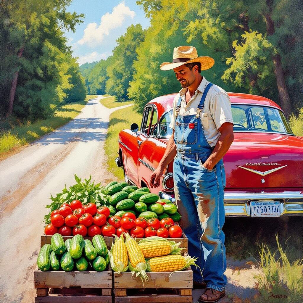 A roadside vegetable vendor on the side of a red clay North Carolina dirt road.  She's selling cucumbers, ...  by @Duong Kiev
