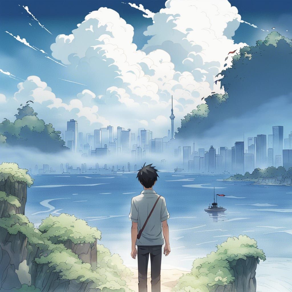 a man on a island looking in to a city that has a thick fog ...