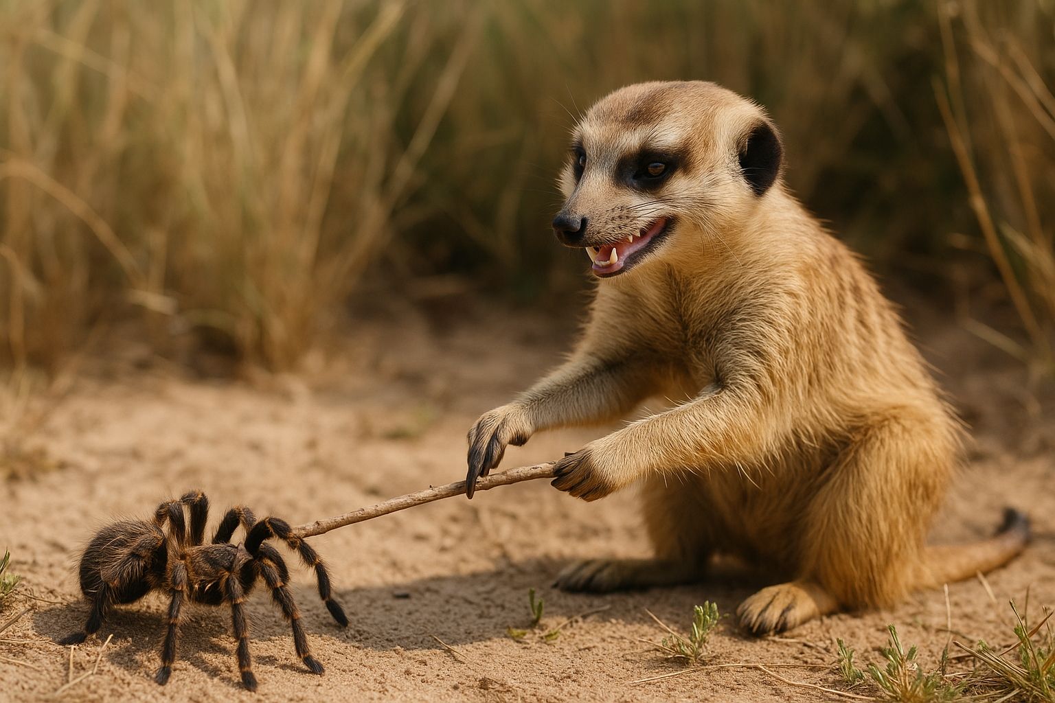 Erdmännchen pieckst eine Tarantel