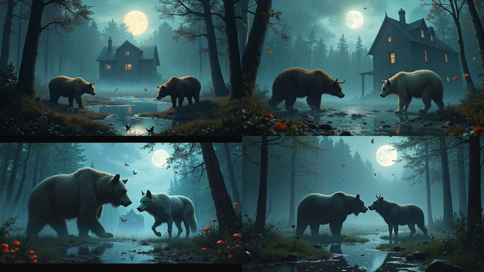 animals going crazy, fighting, forest animals, bears, wolves...