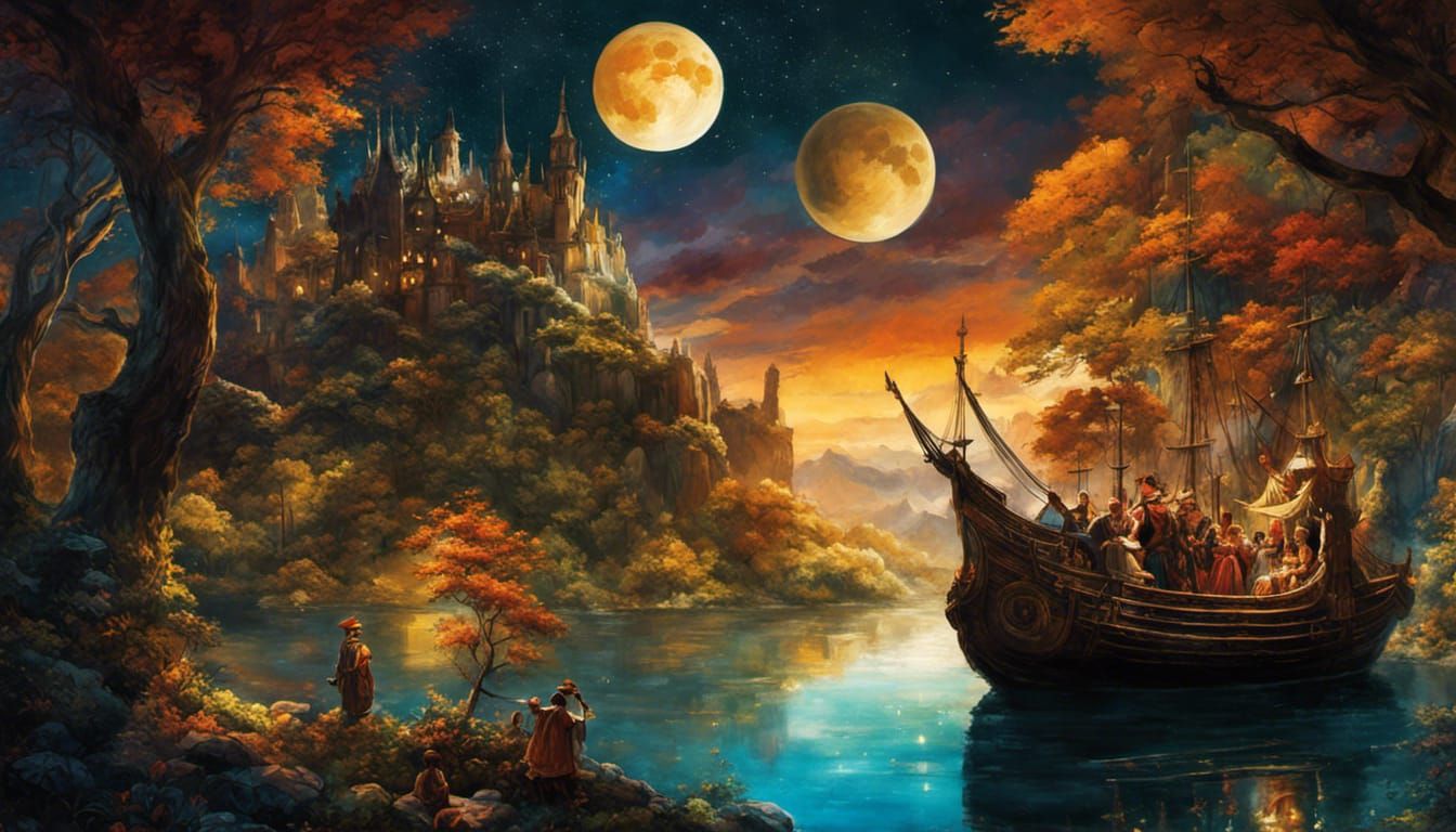 "Fantastical Starry Night with pirates in cave looking out a...