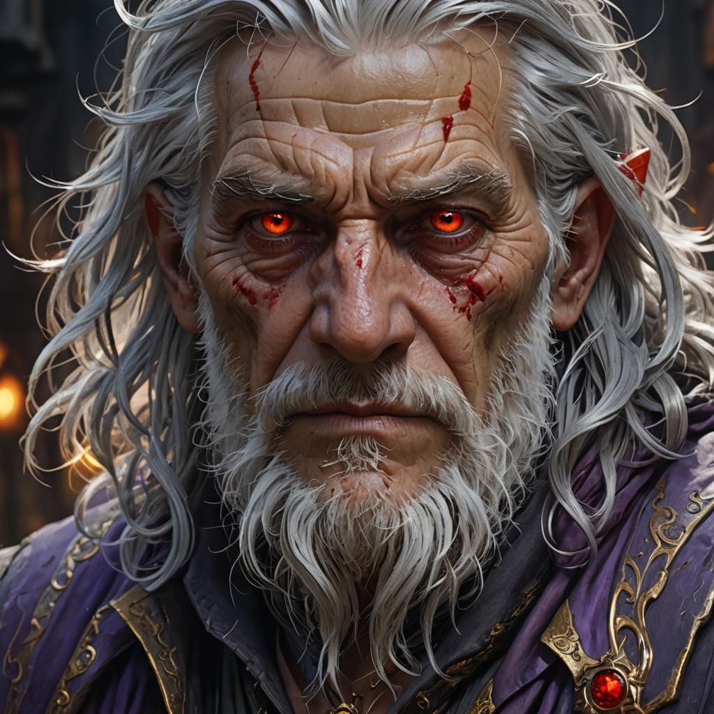 Old man with silver hair and red eyes