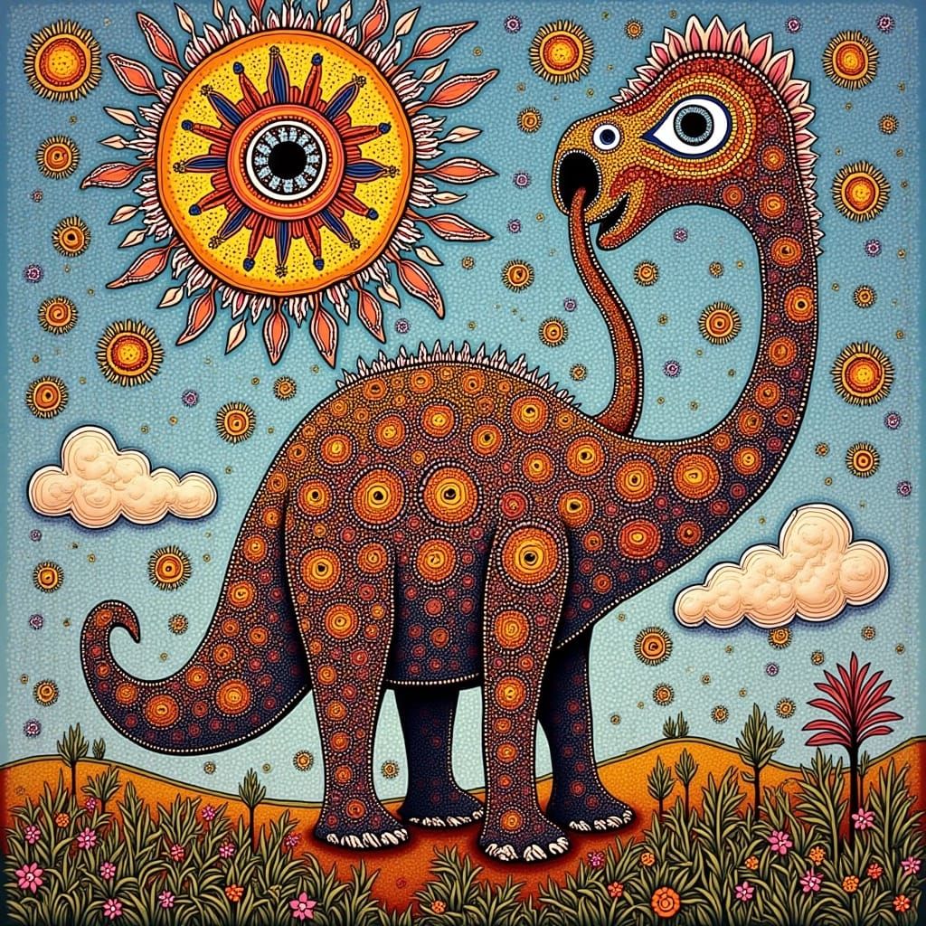 <lora:MIXED EMOTIONS:1.0> brontosaurus eating tree top, Surreal, folk-art, cluttered zentangle