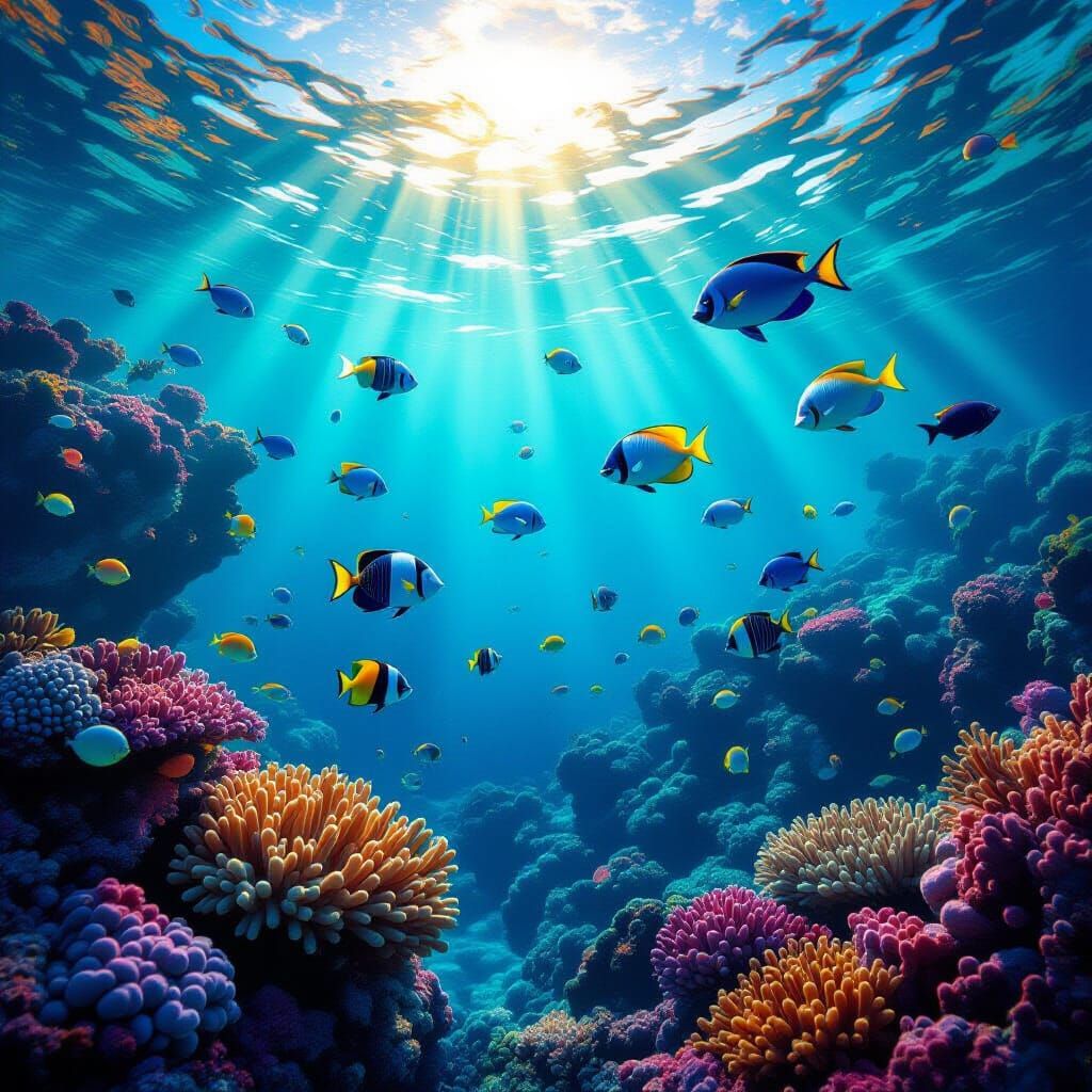 Underwater seascape with colorful saltwater fish and corals, include light and shadows for interest