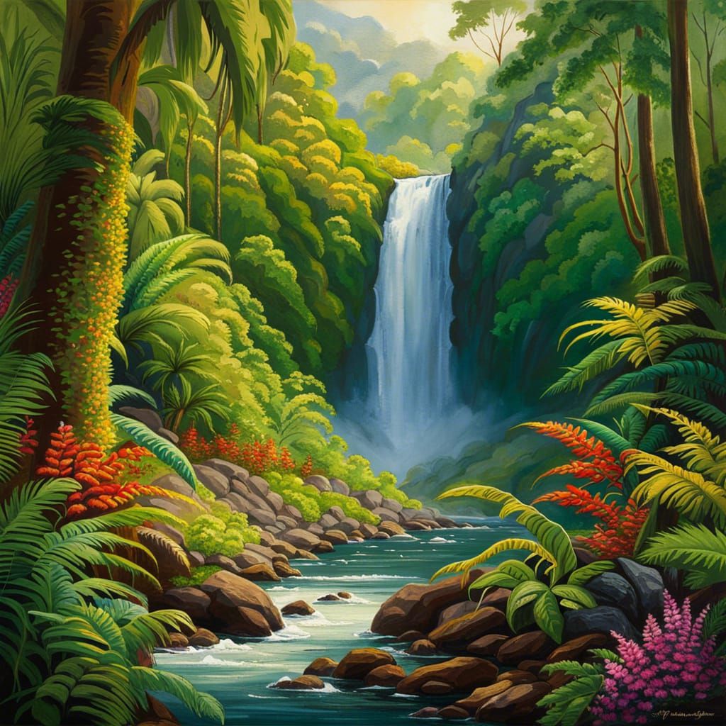 a beautiful lush jungle landscapes, a river with a waterfall winding ...